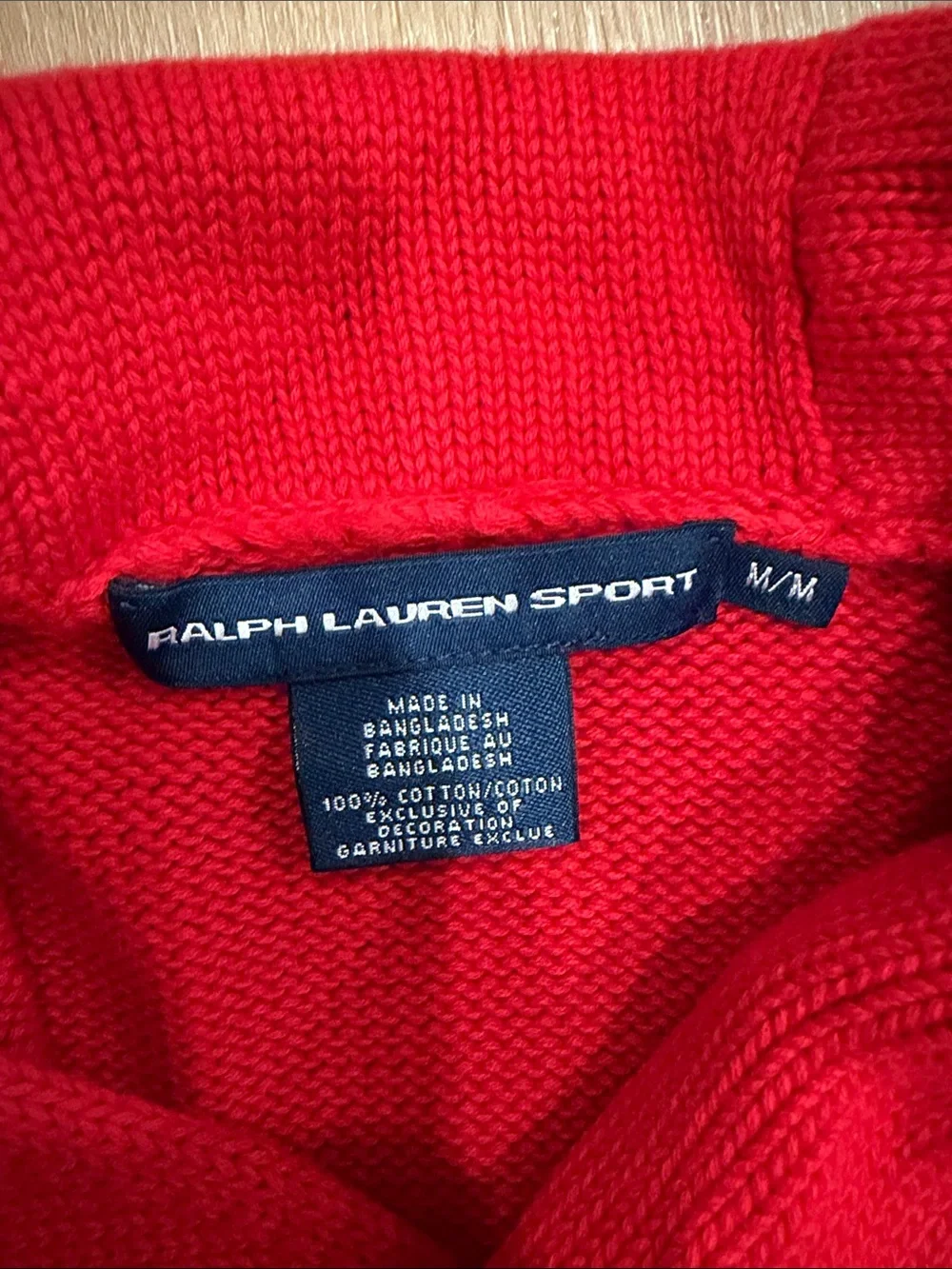 Ralph Lauren Red Shawl-Collar Sweater with Navy Pony